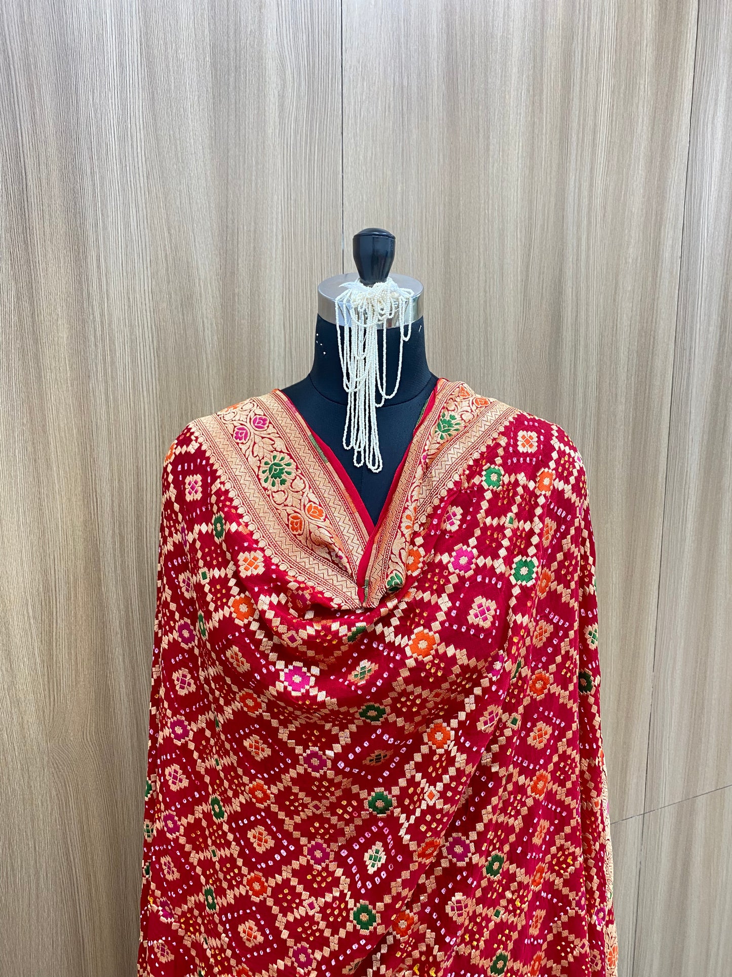 Exclusive Premium Adorable Ethnic Print With Golden Zari Work On Pure Bandhani Dupatta