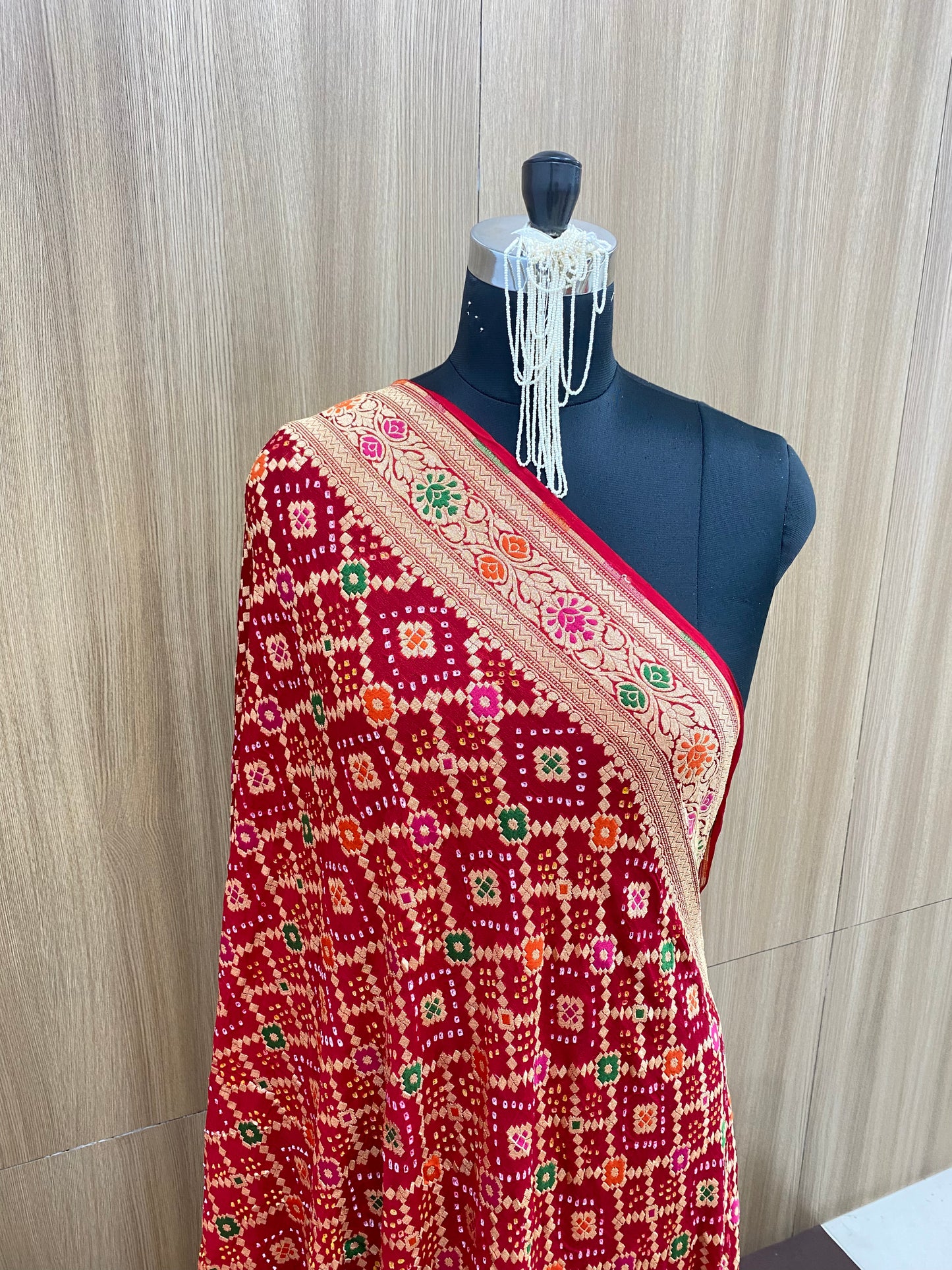 Exclusive Premium Adorable Ethnic Print With Golden Zari Work On Pure Bandhani Dupatta