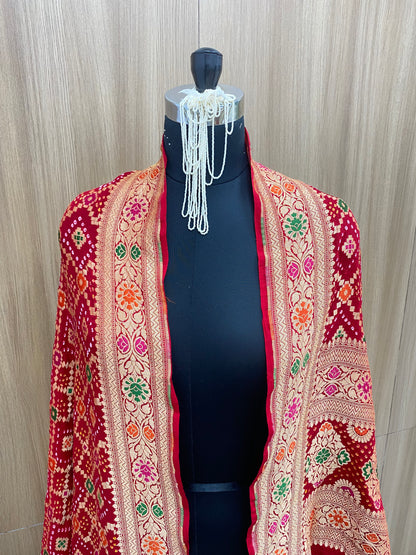 Exclusive Premium Adorable Ethnic Print With Golden Zari Work On Pure Bandhani Dupatta