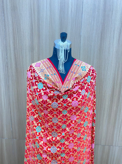 Amazing Beautiful Vibrant Floral Colorful Print With Zari Work On Pure Bandhani Dupatta