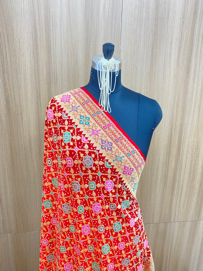 Amazing Beautiful Vibrant Floral Colorful Print With Zari Work On Pure Bandhani Dupatta