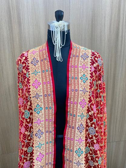 Amazing Beautiful Vibrant Floral Colorful Print With Zari Work On Pure Bandhani Dupatta