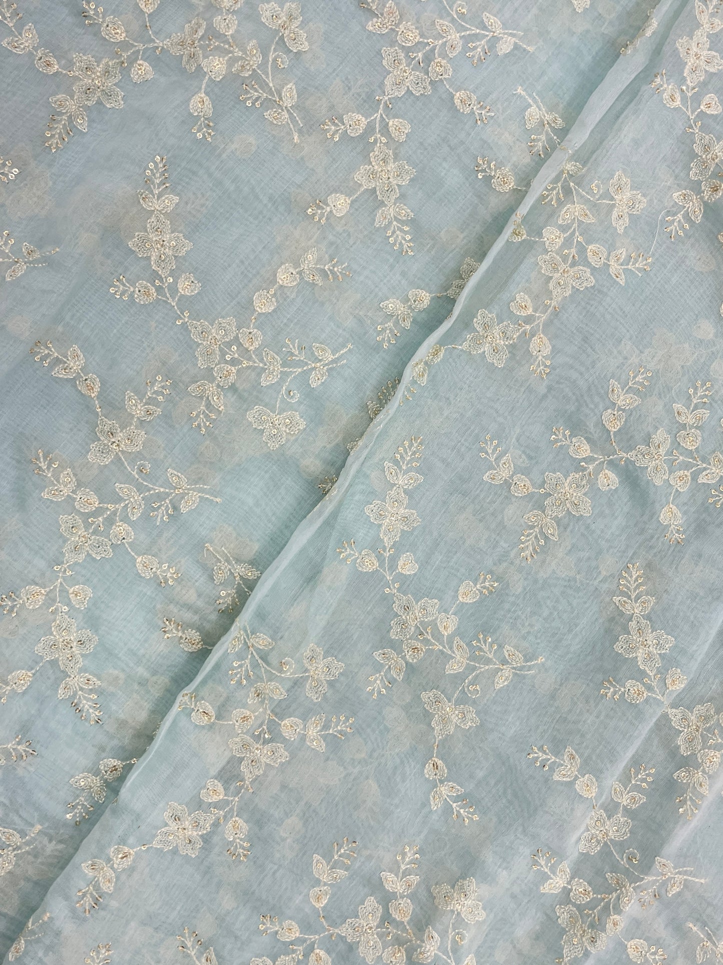 Delicate Classy White Floral Thread Embroidery With Dainty Sequin Work On Pure Chanderi Fabric