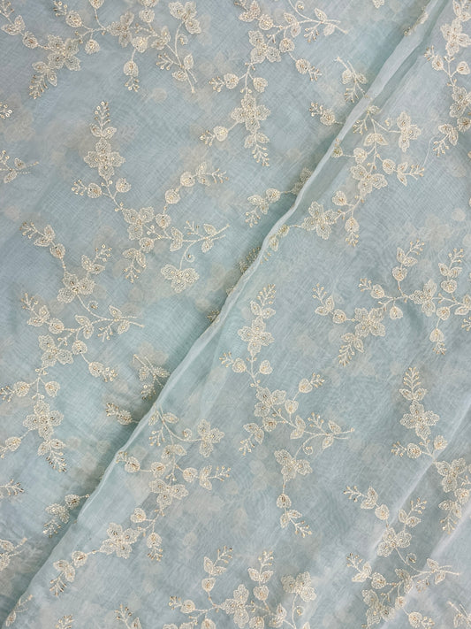 Delicate Classy White Floral Thread Embroidery With Dainty Sequin Work On Pure Chanderi Fabric
