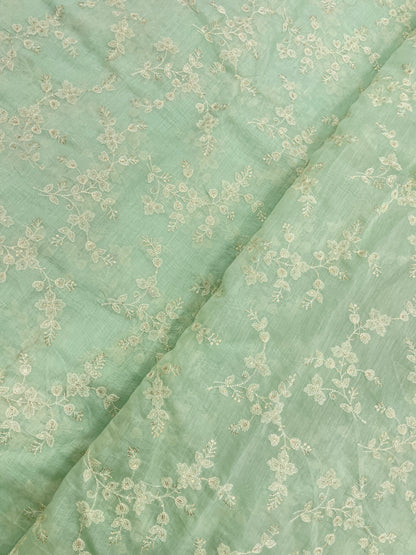 Delicate Classy White Floral Thread Embroidery With Dainty Sequin Work On Pure Chanderi Fabric