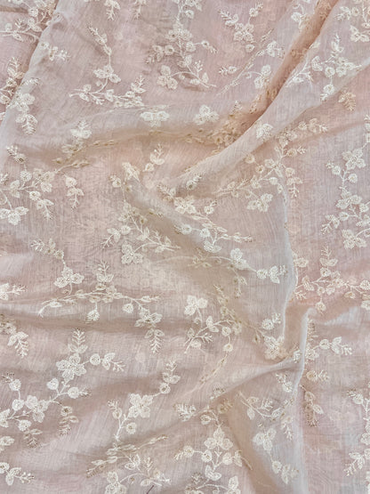 Delicate Classy White Floral Thread Embroidery With Dainty Sequin Work On Pure Chanderi Fabric