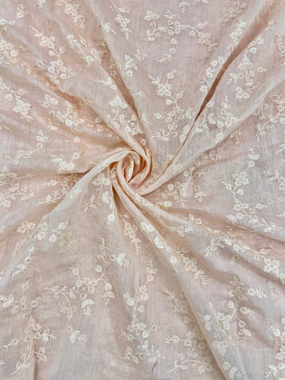 Delicate Classy White Floral Thread Embroidery With Dainty Sequin Work On Pure Chanderi Fabric