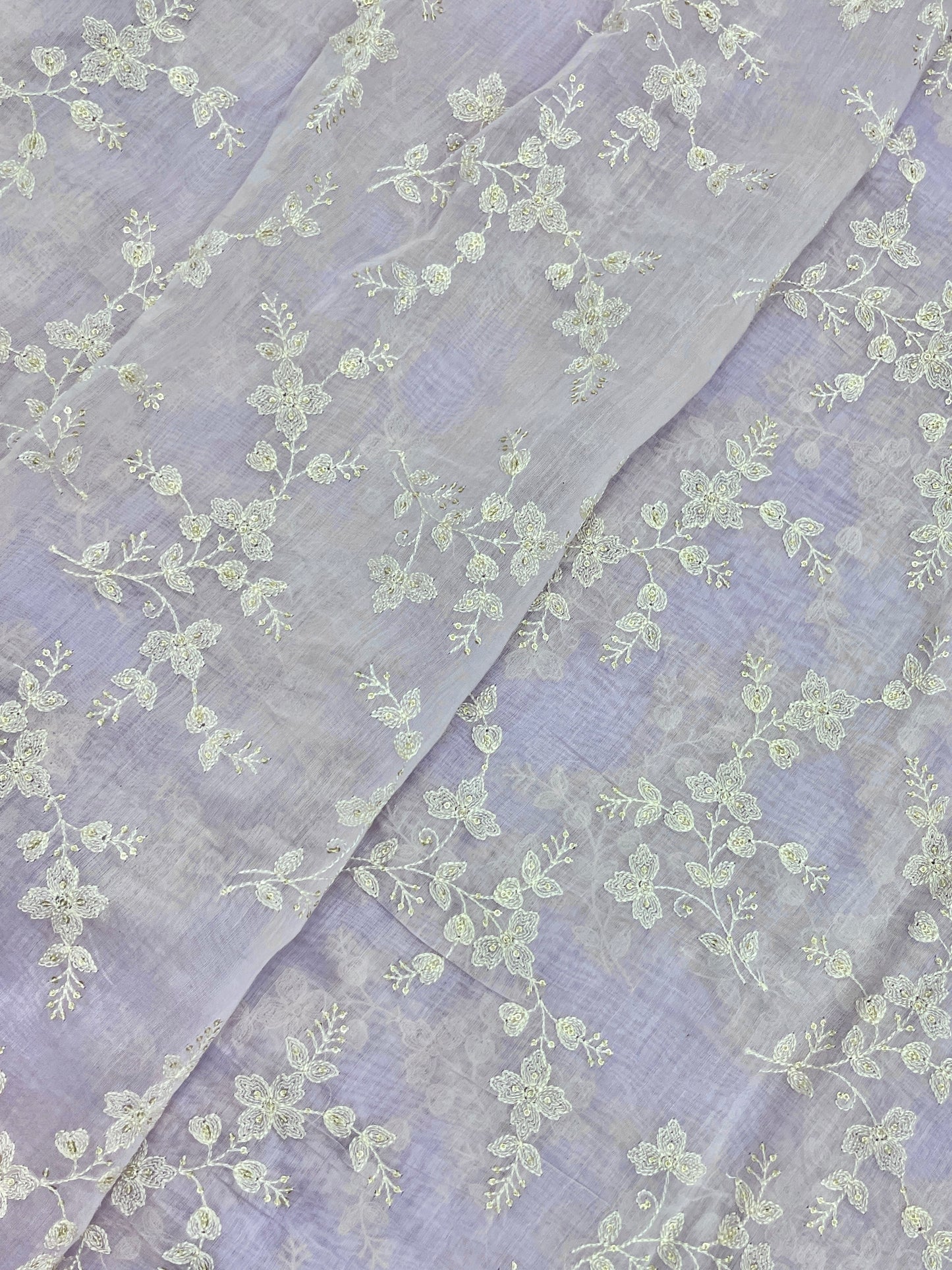 Delicate Classy White Floral Thread Embroidery With Dainty Sequin Work On Pure Chanderi Fabric