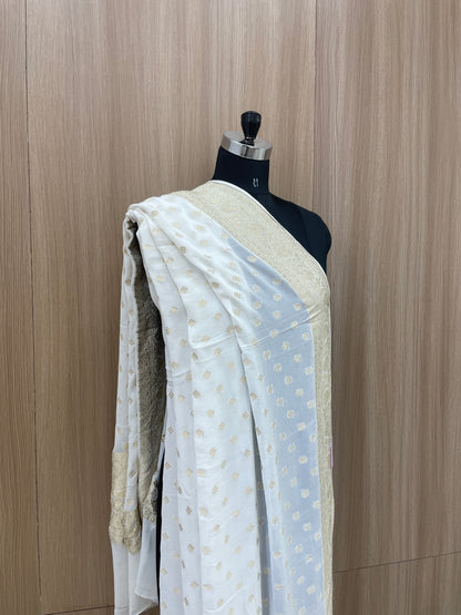 Subtle Yet Elegant Diamond Shaped Golden Zari Jacquard Weaving On White Dyeable Pure Georgette Dupatta