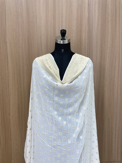 Subtle Yet Elegant Diamond Shaped Golden Zari Jacquard Weaving On White Dyeable Pure Georgette Dupatta