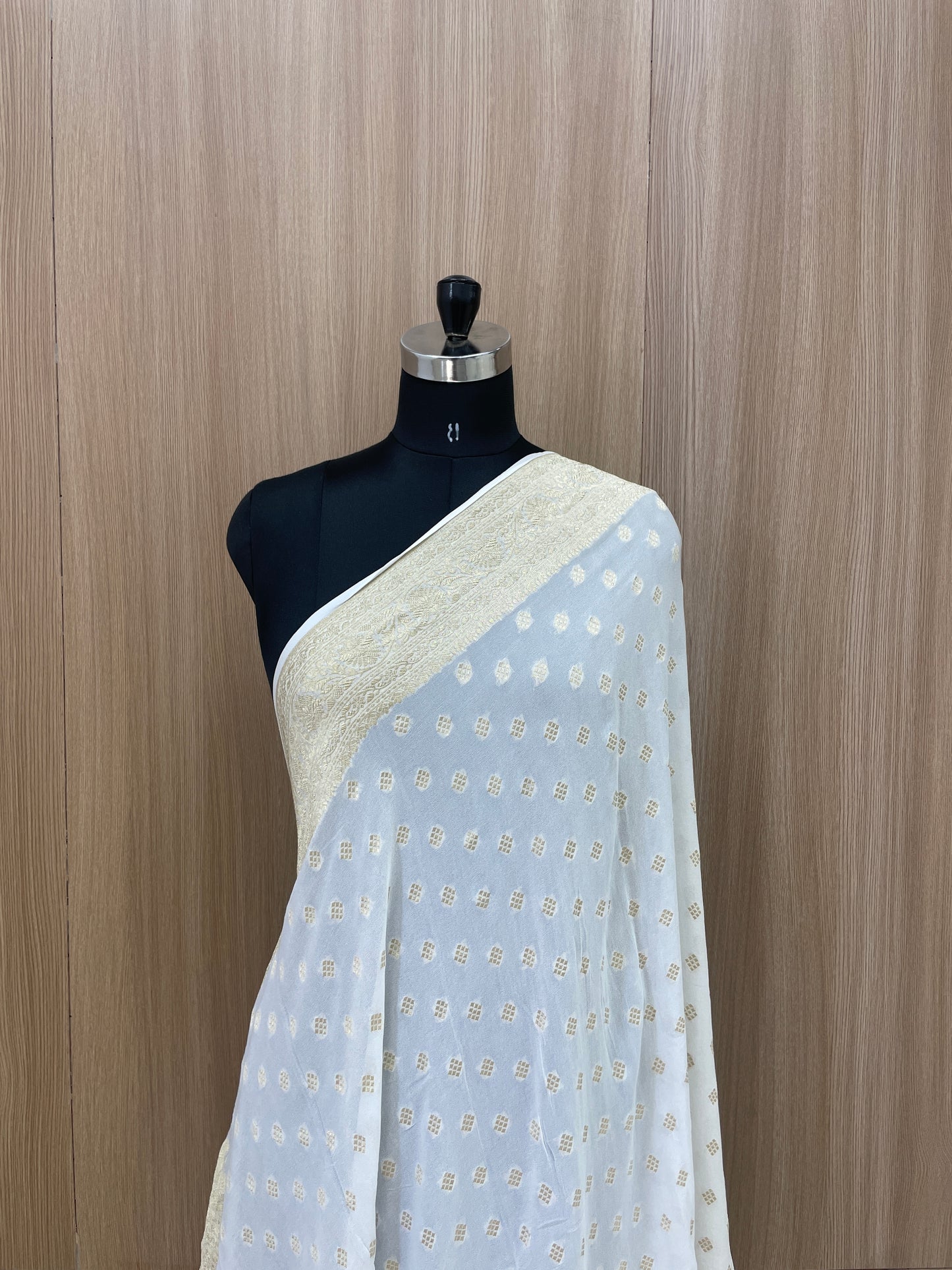 Subtle Yet Elegant Diamond Shaped Golden Zari Jacquard Weaving On White Dyeable Pure Georgette Dupatta