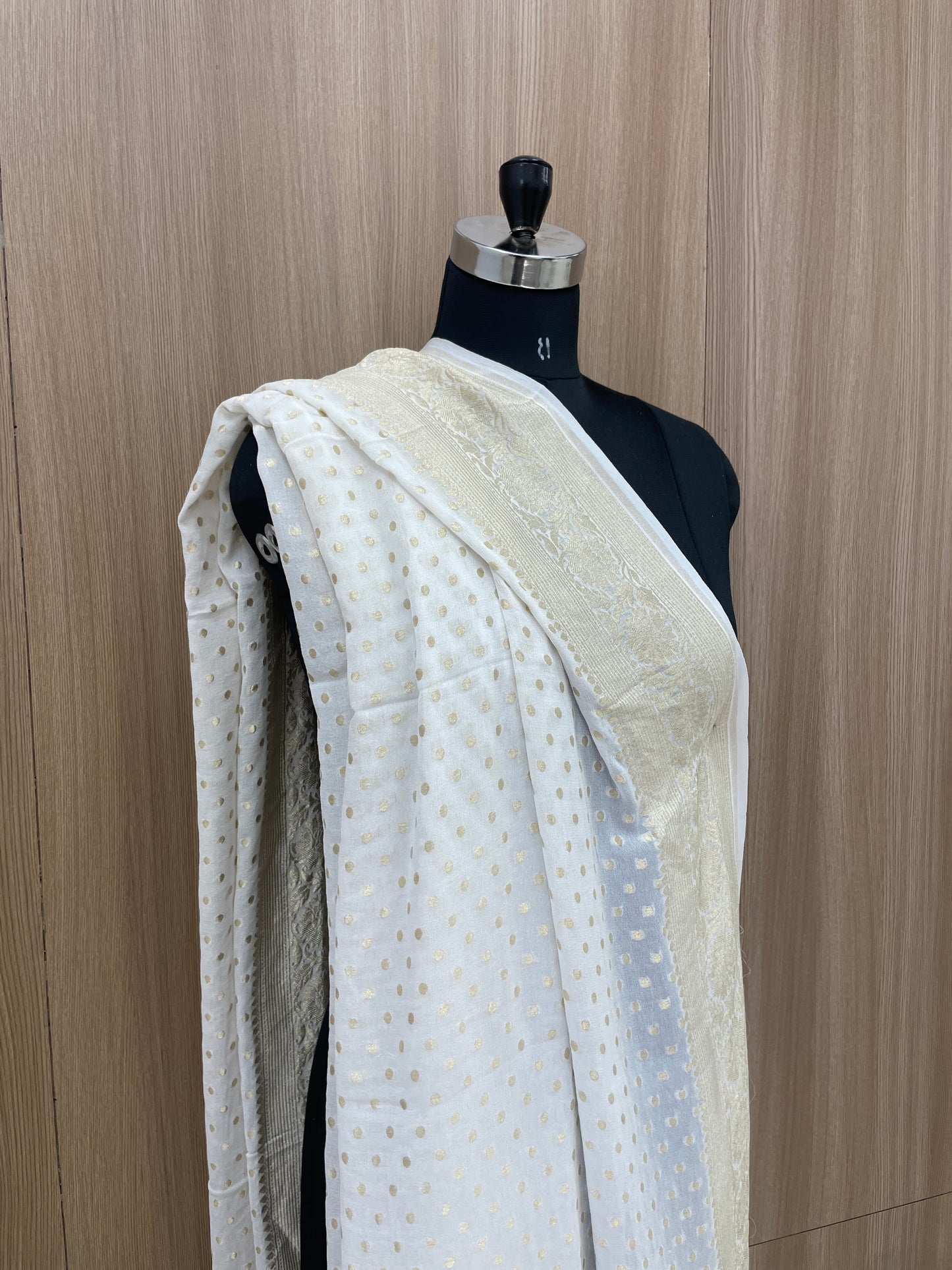 Elegant Amazing Subtle Golden Polka Dot Zari Jacquard Weaving On Pure Dyeable Georgette Dupatta