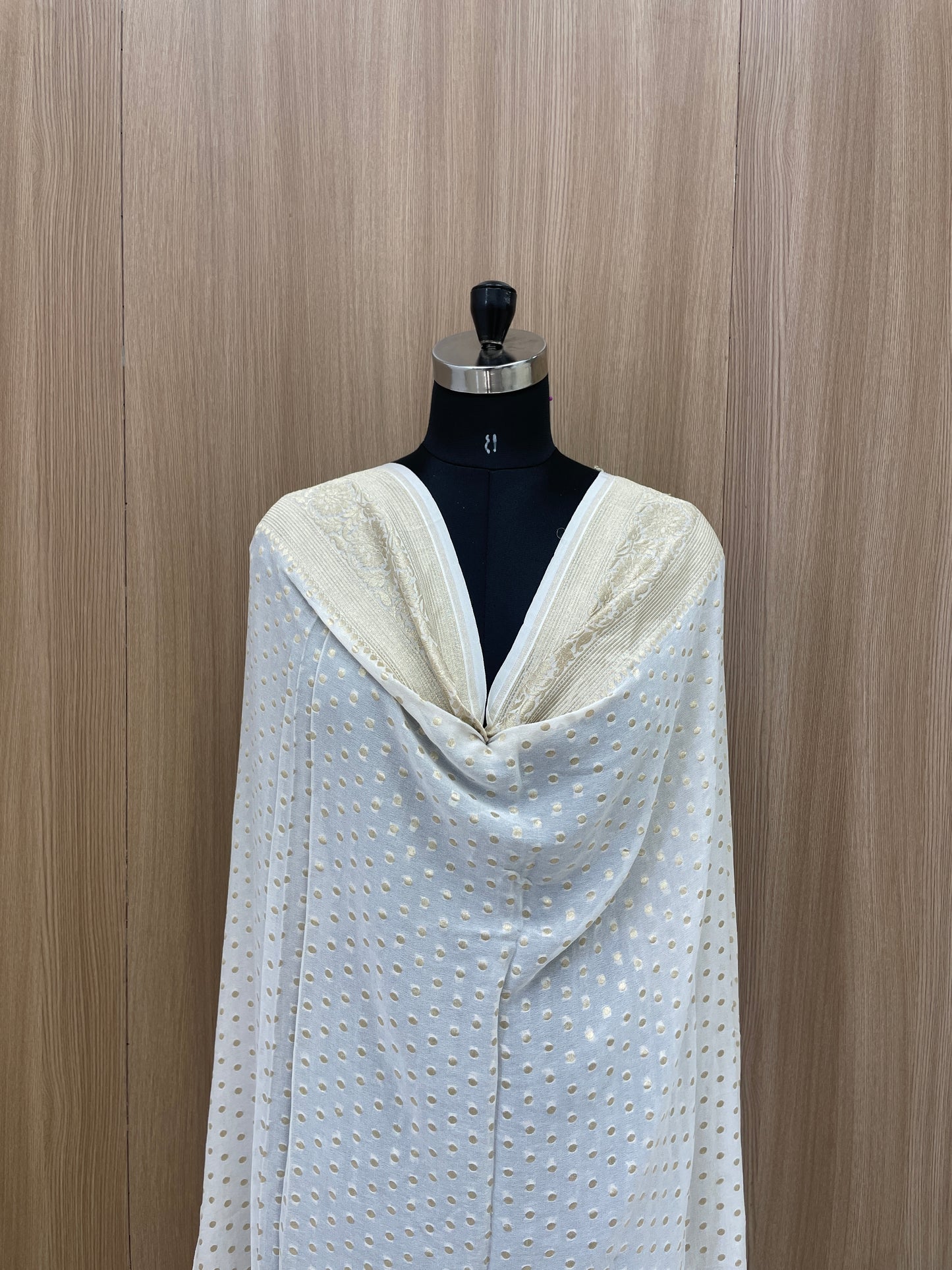 Elegant Amazing Subtle Golden Polka Dot Zari Jacquard Weaving On Pure Dyeable Georgette Dupatta