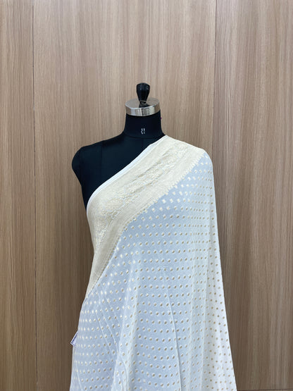 Elegant Amazing Subtle Golden Polka Dot Zari Jacquard Weaving On Pure Dyeable Georgette Dupatta