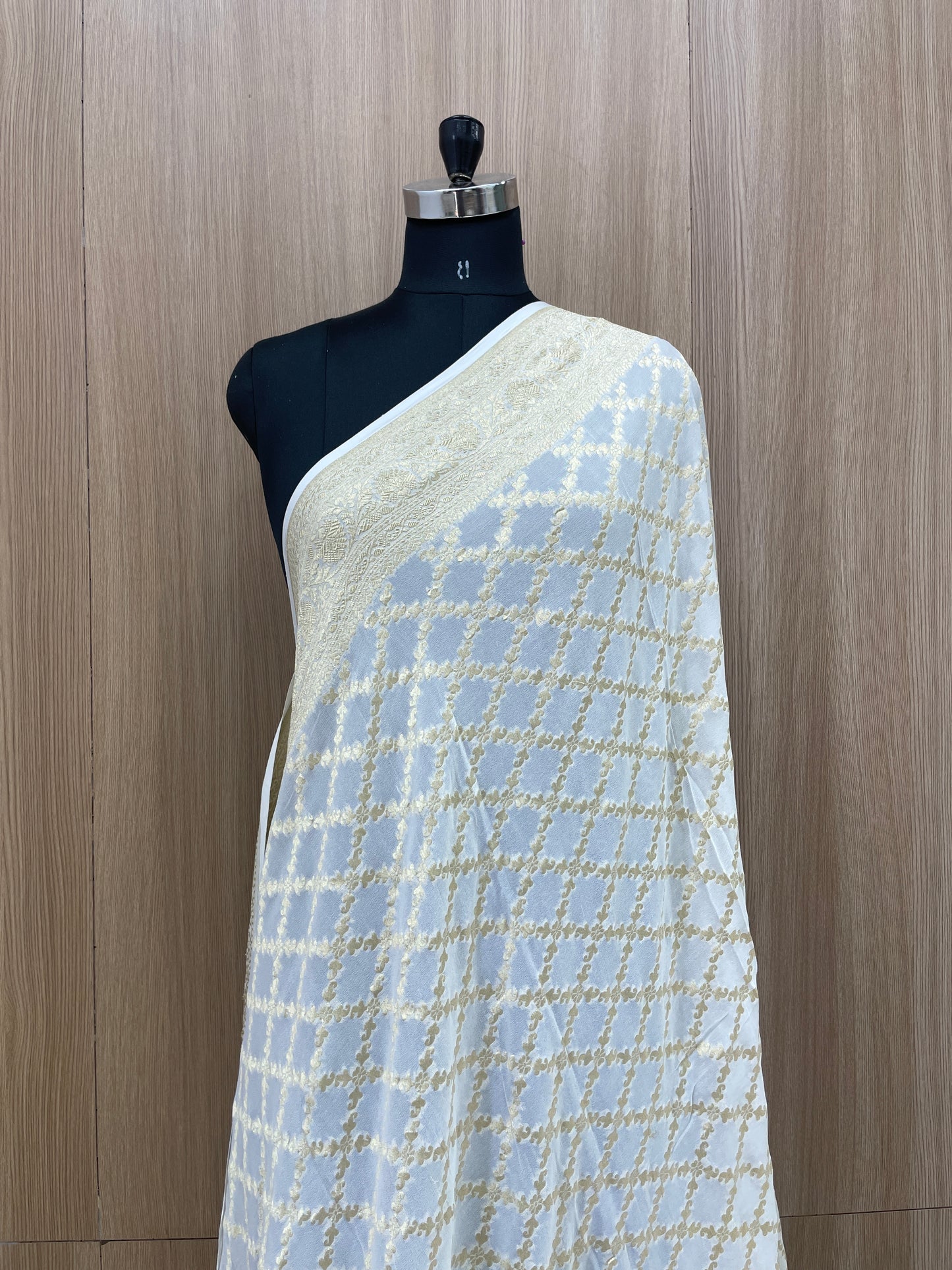 Luxurious Exclusive Heavy Golden Ethnic Zari Jacquard Weaving On Dyeable Pure Georgette Dupatta