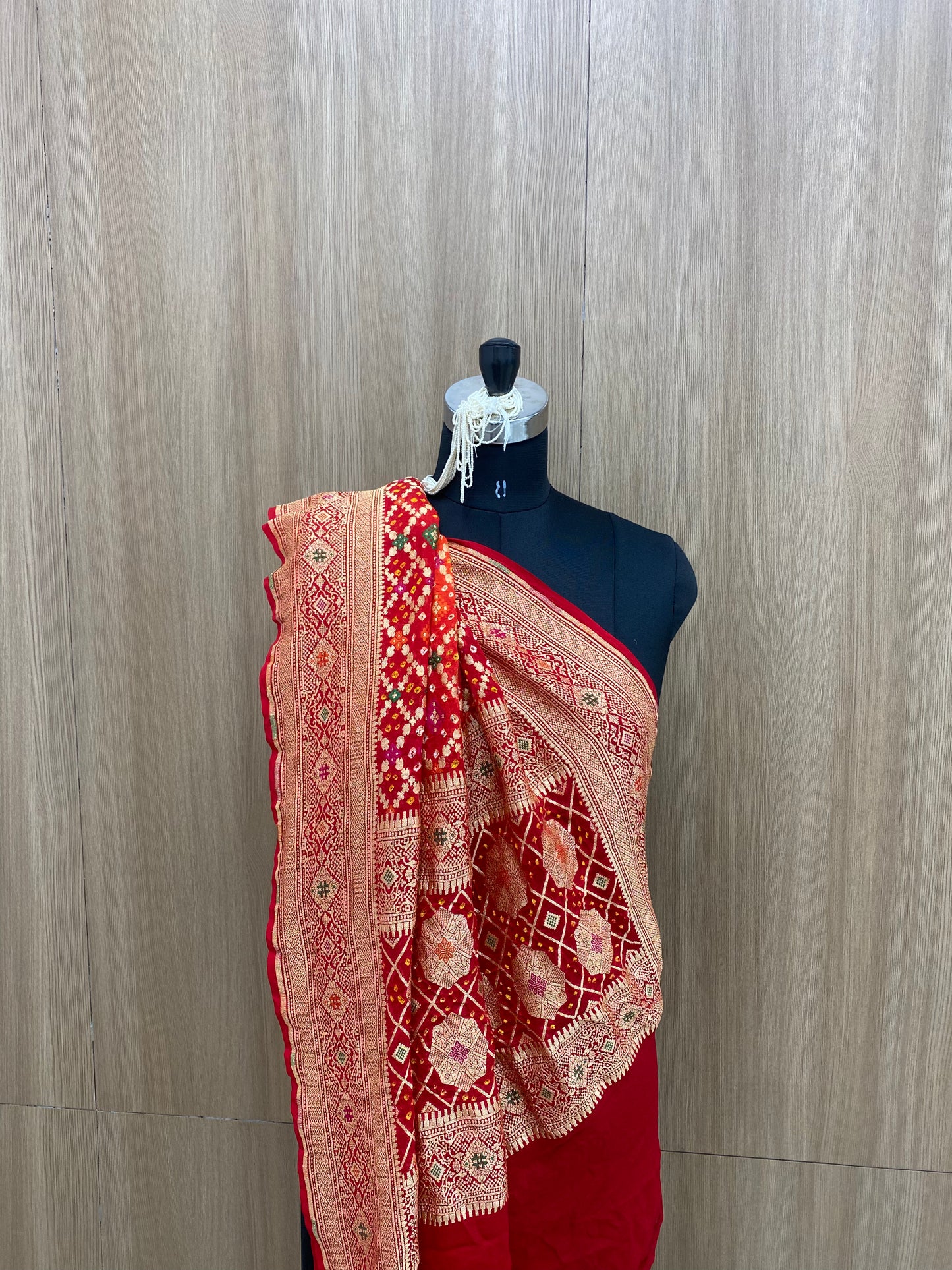 Fantastic Eye Catching Traditional Embroidery With Hand Bandhani Print, Meenakai Work And Premium Golden Zari Work On Pure Khadi Georgette Dupatta