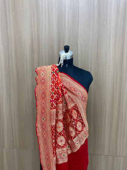 Fantastic Eye Catching Traditional Embroidery With Hand Bandhani Print, Meenakai Work And Premium Golden Zari Work On Pure Khadi Georgette Dupatta