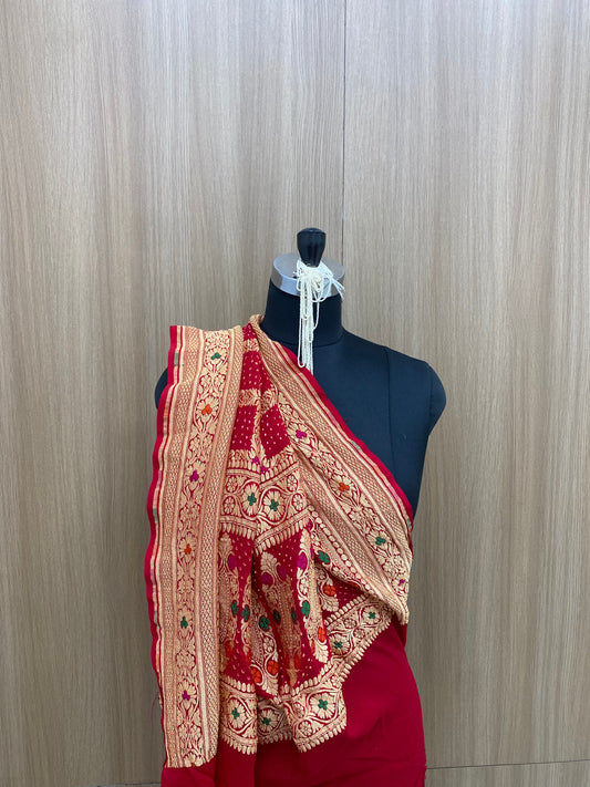 Exclusive Premium Thread Embroidery With Hand Bandhani And Meenakari Work With Block Zari Work On Pure Khadi Georgette Dupatta