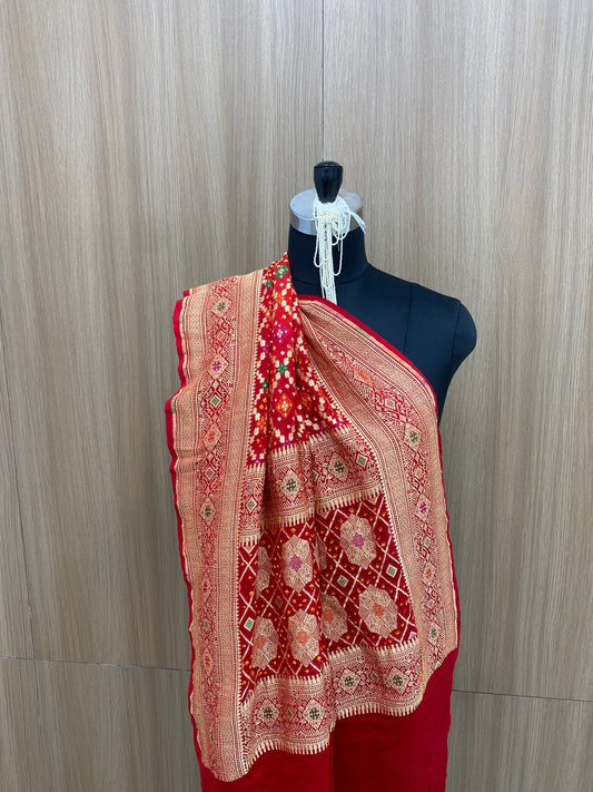 Amazing Attractive Red Heavy Traditional Embroidery With Hand Bandhani And Meenakari Work With Golden Zari Work On Pure Khadi Georgette Dupatta