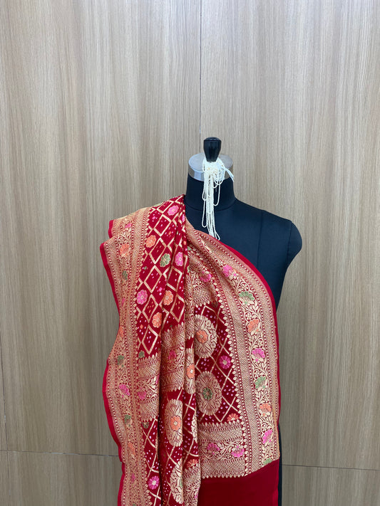 Beautiful Luxurious Floral Multicolor Traditional Embroidery With Hand Bandhani Print, Meenakai Work And Premium Golden Zari Work On Pure Khadi Georgette Dupatta