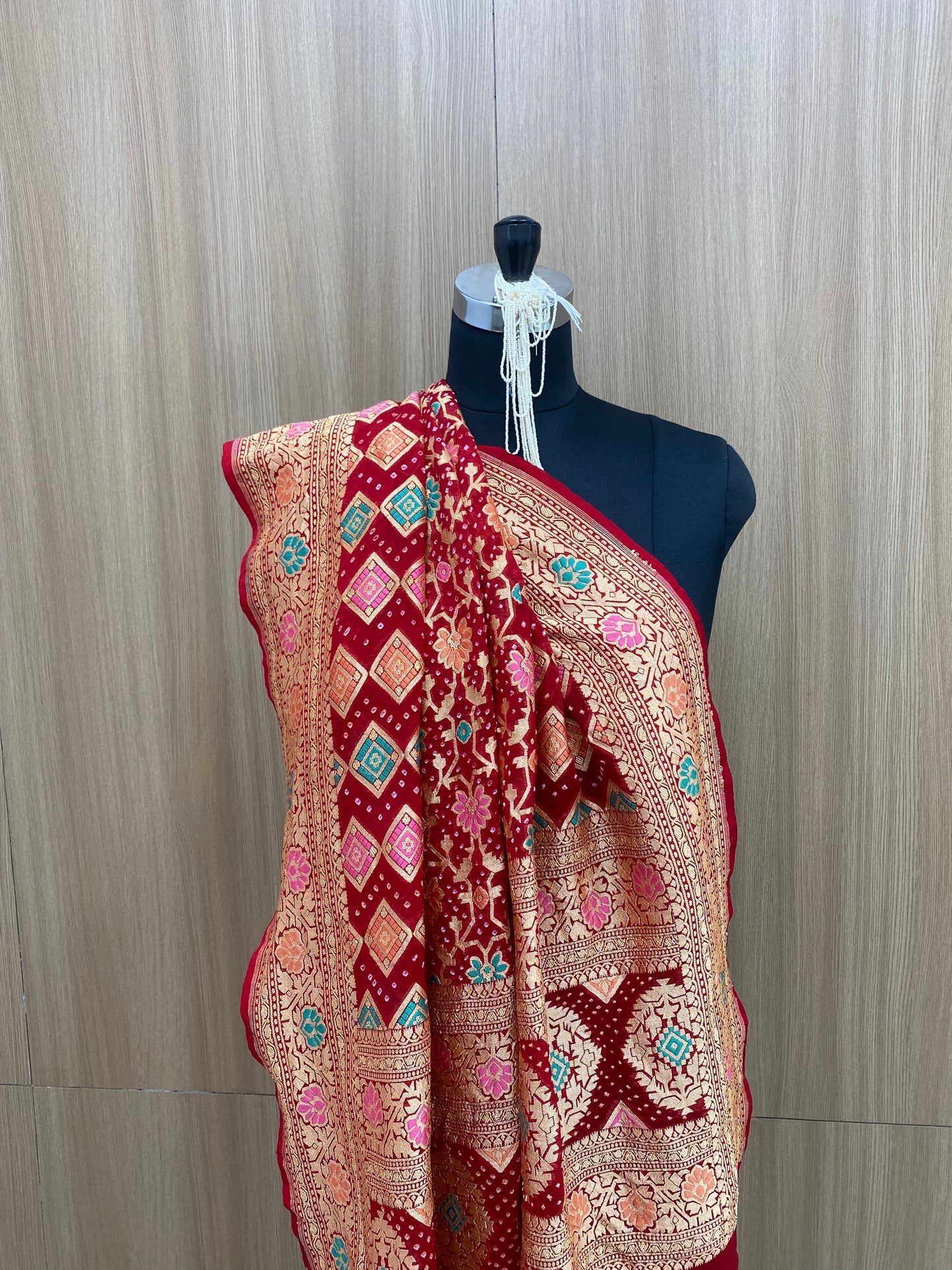 Fancy Classic Premium Traditional Multicolor Embroidery With Hand Bandhani Print, Meenakai Work And Premium Golden Zari Work On Pure Khadi Georgette Dupatta