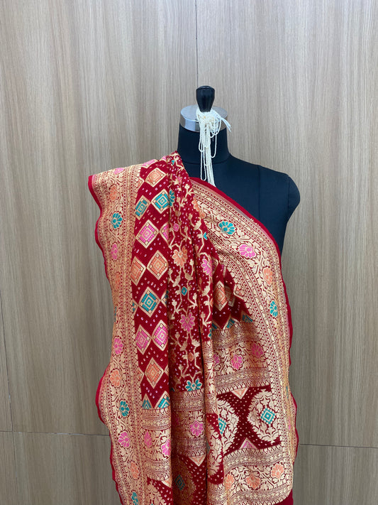 Fancy Classic Premium Traditional Multicolor Embroidery With Hand Bandhani Print, Meenakai Work And Premium Golden Zari Work On Pure Khadi Georgette Dupatta