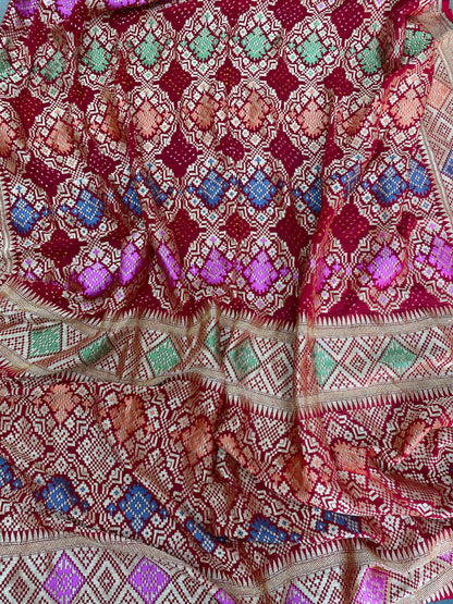 Unique Attractive Diamond Shaped Traditional Embroidery With Hand Bandhani Print, Meenakai Work And Premium Golden Zari Work On Pure Khadi Georgette Dupatta