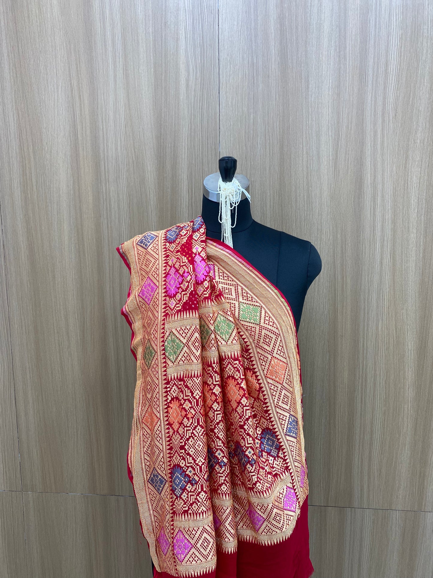 Unique Attractive Diamond Shaped Traditional Embroidery With Hand Bandhani Print, Meenakai Work And Premium Golden Zari Work On Pure Khadi Georgette Dupatta