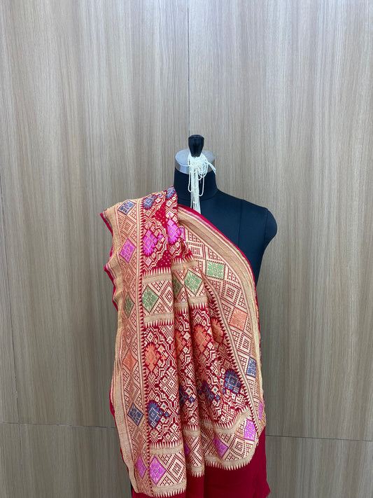Unique Attractive Diamond Shaped Traditional Embroidery With Hand Bandhani Print, Meenakai Work And Premium Golden Zari Work On Pure Khadi Georgette Dupatta