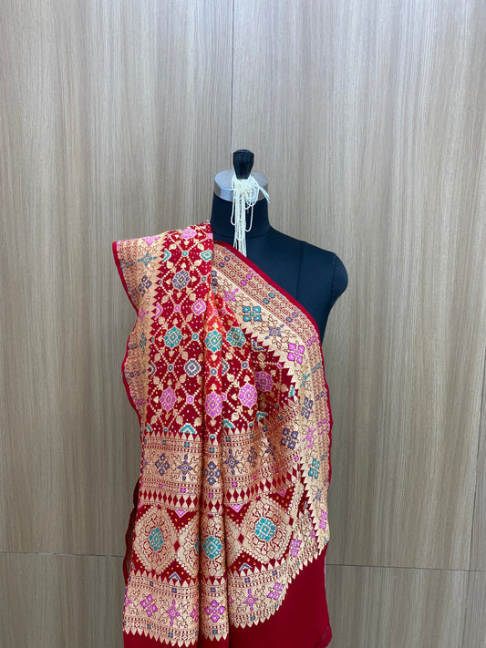 Very Luxurious Premium Ethnic Embroidery With Hand Bandhani Print, Meenakai Work And Premium Golden Zari Work On Pure Khadi Georgette Dupatta