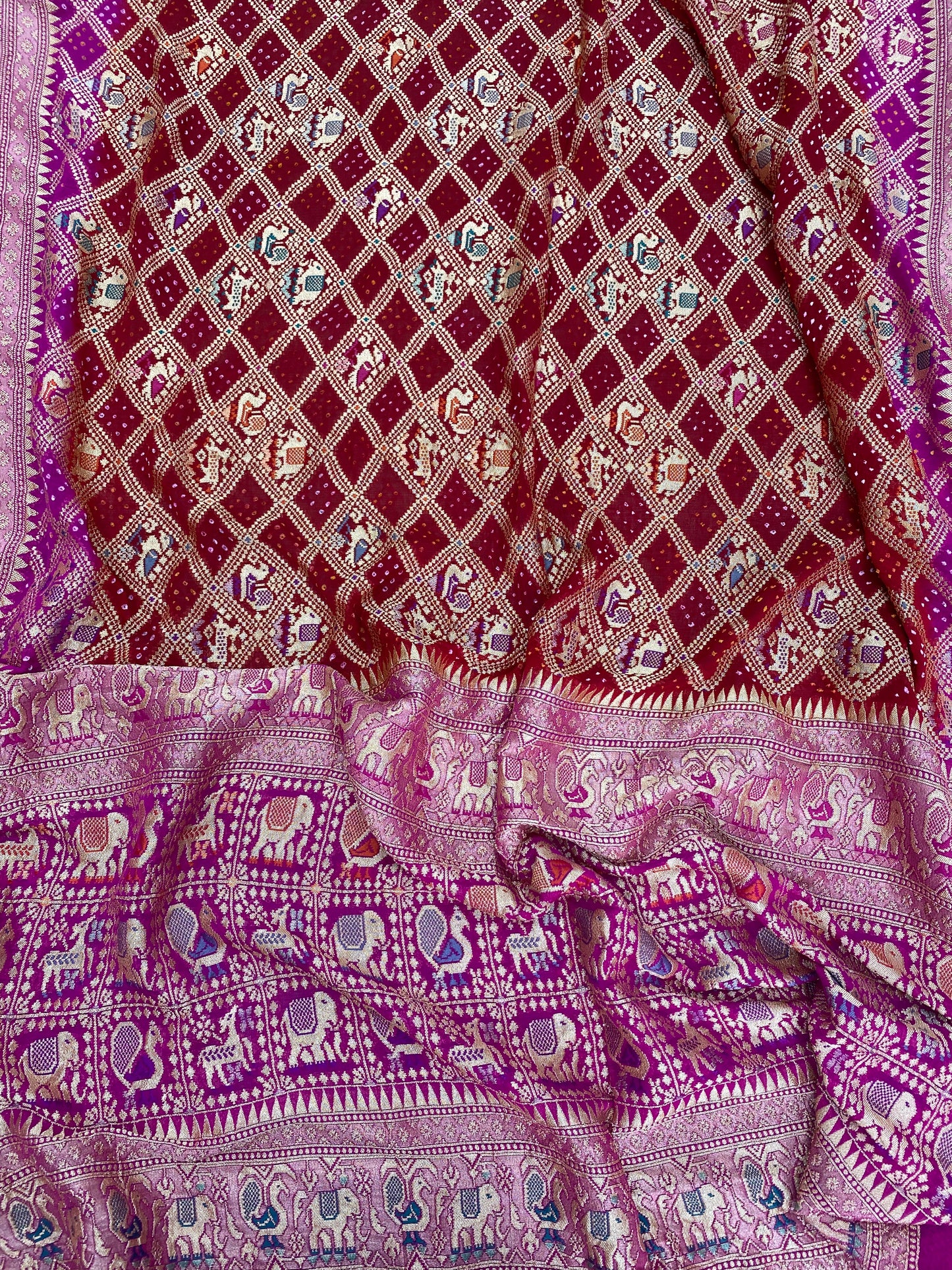 Pretty Unique Animal Figure Traditional Embroidery With Hand Bandhani Print, Meenakai Work And Premium Golden Zari Work On Pink Pure Khadi Georgette Dupatta