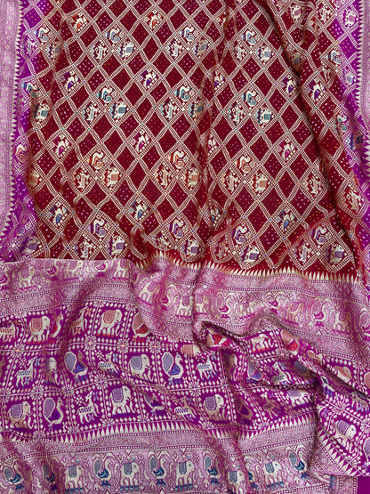 Pretty Unique Animal Figure Traditional Embroidery With Hand Bandhani Print, Meenakai Work And Premium Golden Zari Work On Pink Pure Khadi Georgette Dupatta