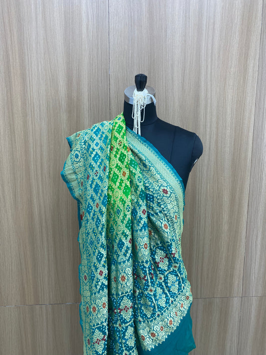 Gorgeous Exclusive Traditional Embroidery With Hand Bandhani Print, Meenakai Work And Premium Golden Zari Work On Green Pure Khadi Georgette Dupatta