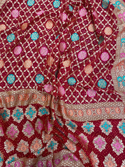 Marvelous Unique Traditional Floral Embroidery With Hand Bandhani Print, Meenakai Work And Premium Golden Zari Work On Red Pure Khadi Georgette Dupatta