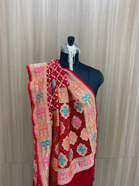 Marvelous Unique Traditional Floral Embroidery With Hand Bandhani Print, Meenakai Work And Premium Golden Zari Work On Red Pure Khadi Georgette Dupatta