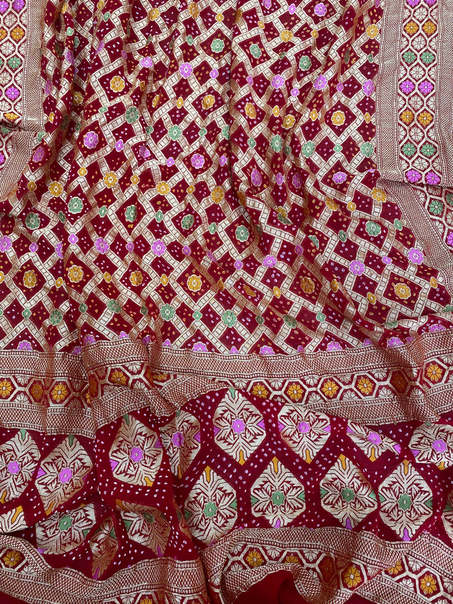 Exclusive Brilliant Traditional Embroidery With Hand Bandhani Print, Meenakai Work And Premium Golden Zari Work On Pure Khadi Georgette Dupatta