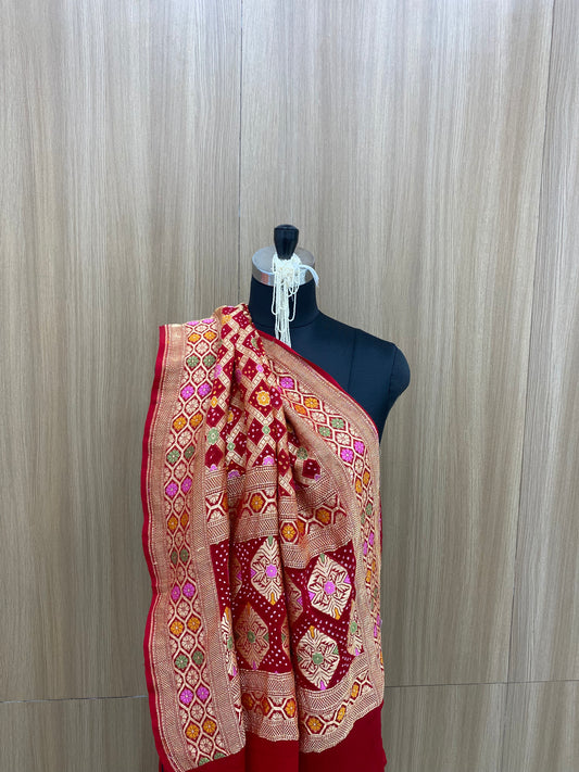 Exclusive Brilliant Traditional Embroidery With Hand Bandhani Print, Meenakai Work And Premium Golden Zari Work On Pure Khadi Georgette Dupatta