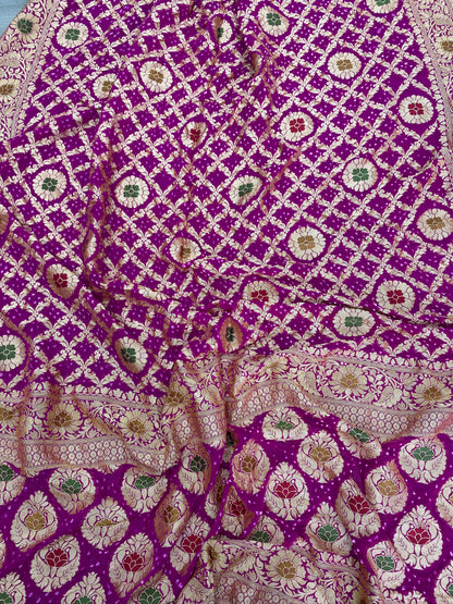 Delicate Stunning Traditional Embroidery With Hand Bandhani Print, Meenakai Work And Premium Golden Zari Work On Purple Pure Khadi Georgette Dupatta