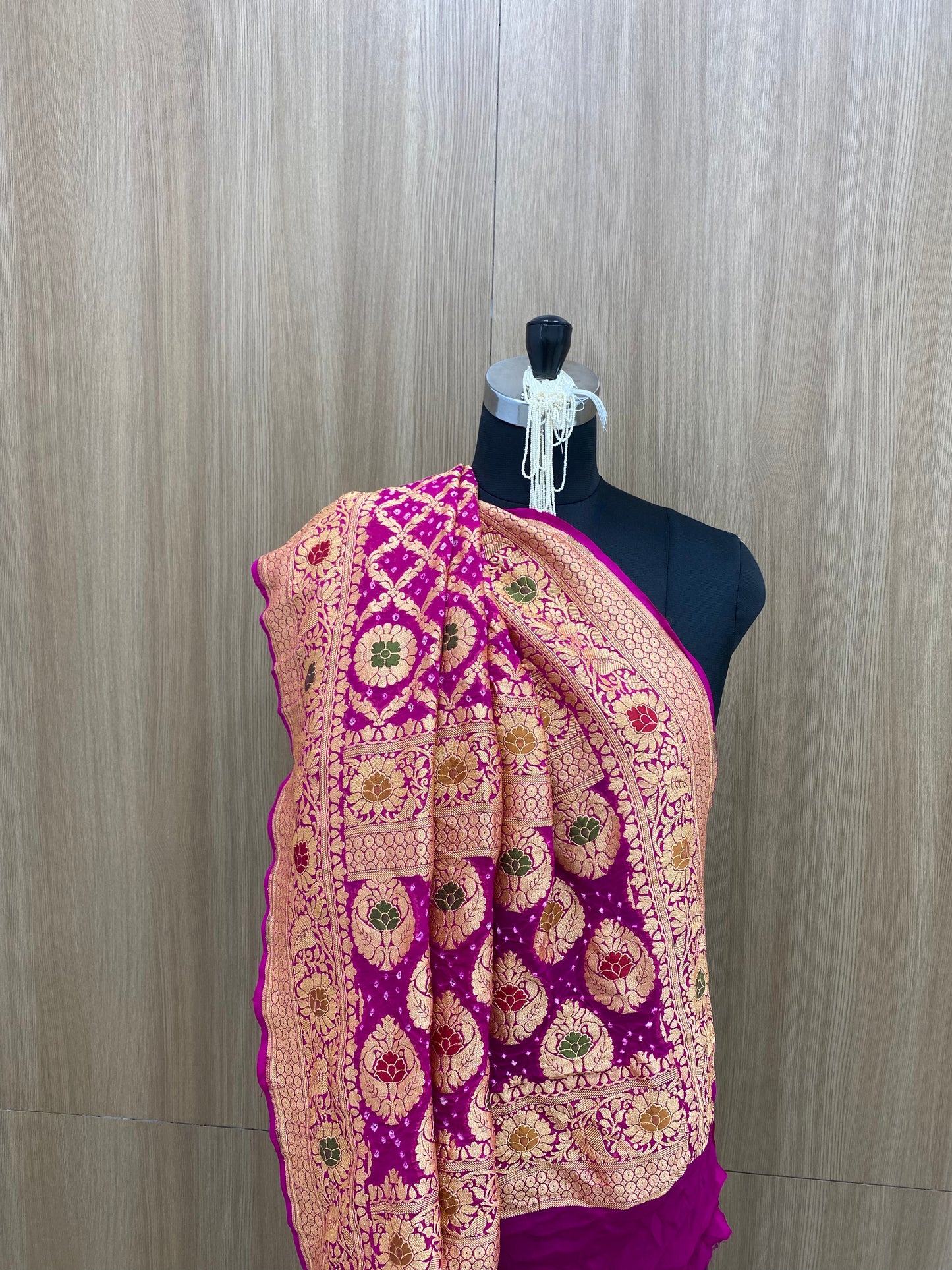 Delicate Stunning Traditional Embroidery With Hand Bandhani Print, Meenakai Work And Premium Golden Zari Work On Purple Pure Khadi Georgette Dupatta