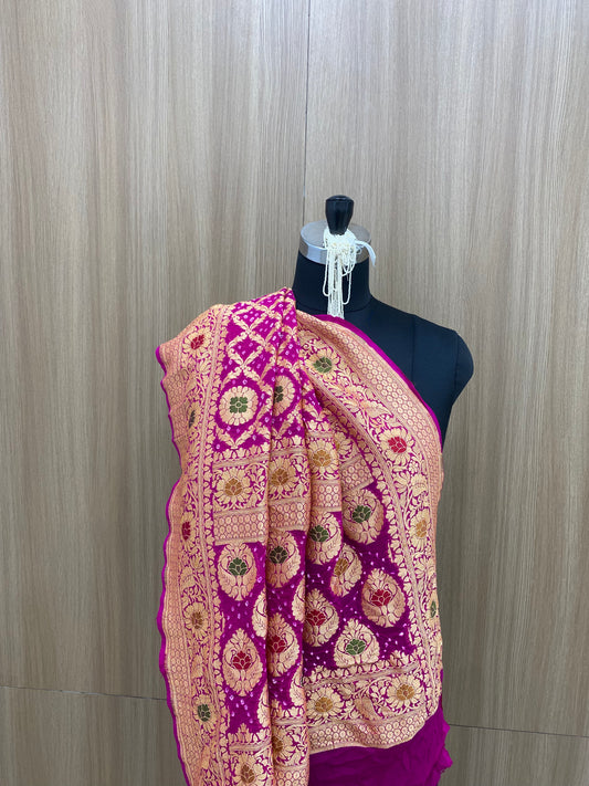 Delicate Stunning Traditional Embroidery With Hand Bandhani Print, Meenakai Work And Premium Golden Zari Work On Purple Pure Khadi Georgette Dupatta