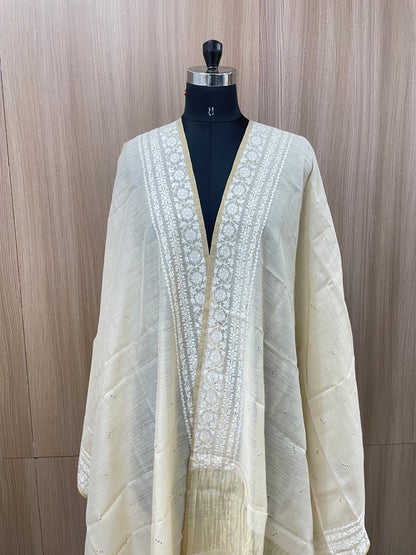 Classic Luxurious Heavy White Thread Embroidery With Mukesh Work On Pure Munga Silk Fabric