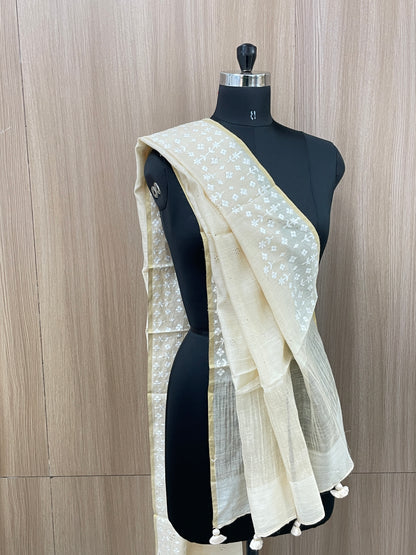 Elegant Unique Subtle Thread Embroidery With Golden Mukesh Work On Pure Munga Dupatta