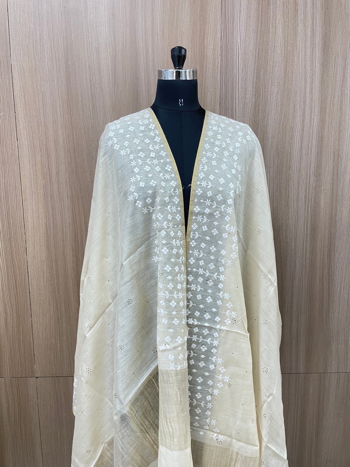 Elegant Unique Subtle Thread Embroidery With Golden Mukesh Work On Pure Munga Dupatta