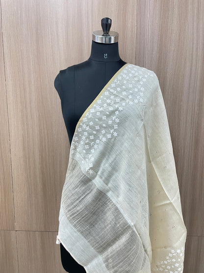 Elegant Unique Subtle Thread Embroidery With Golden Mukesh Work On Pure Munga Dupatta