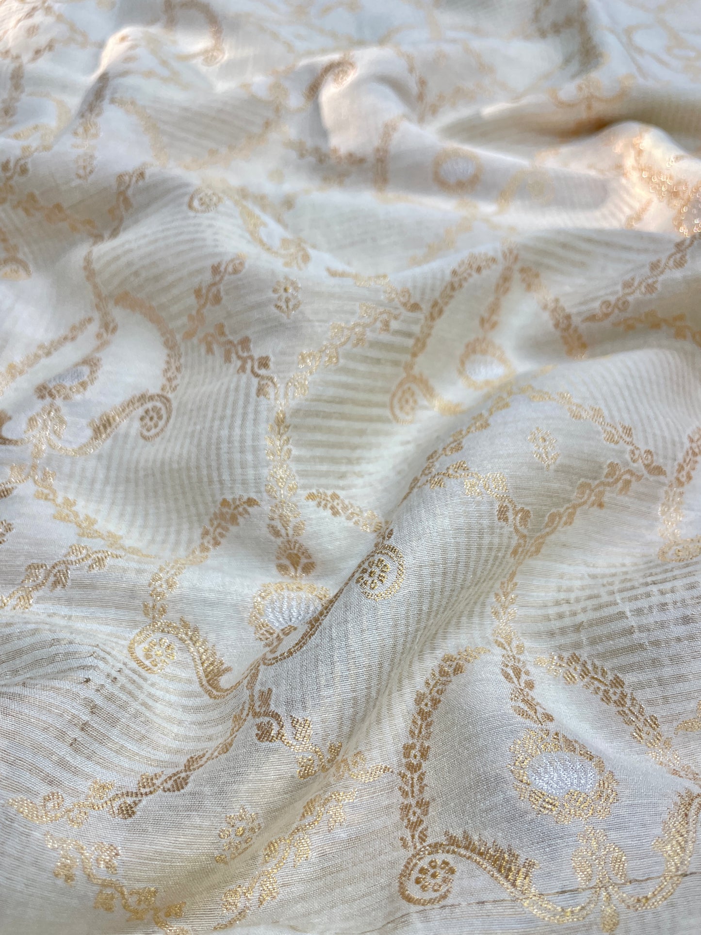 Elegant Stunning Golden And Silver Zari Weaving On Pure Munga Silk Dyeable Fabric