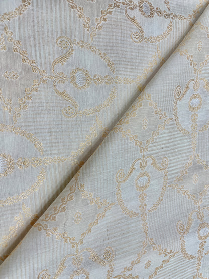 Elegant Stunning Golden And Silver Zari Weaving On Pure Munga Silk Dyeable Fabric