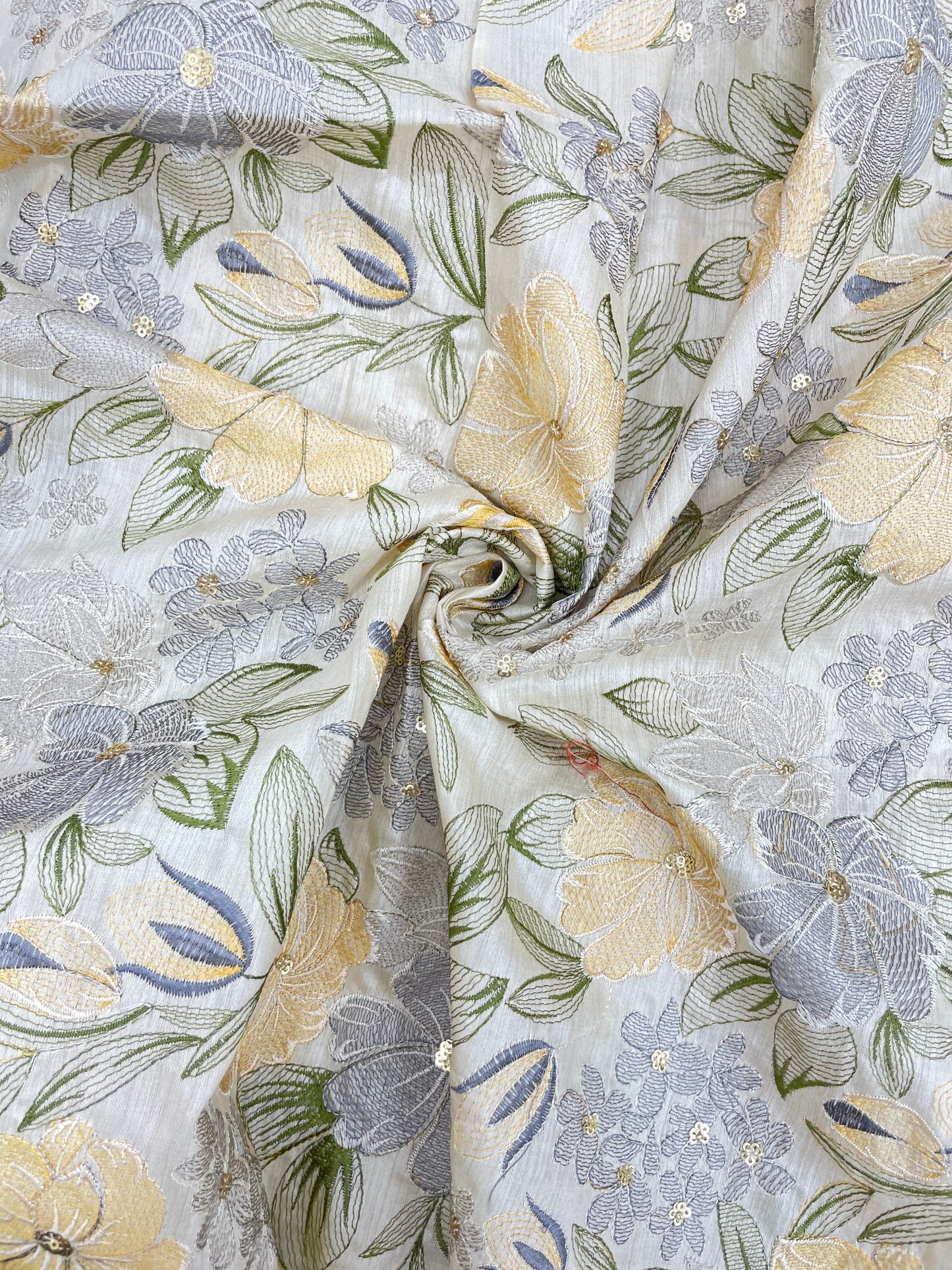 Beautiful Glorious Pretty Pastel Colored Floral Thread Embroidery With Shiny Sequin Work On Pure Munga Silk Fabric