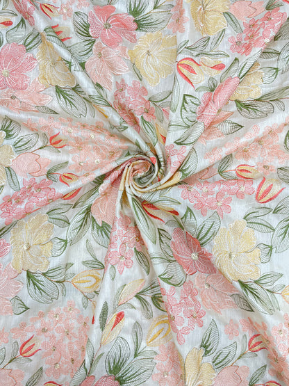 Beautiful Glorious Pretty Pastel Colored Floral Thread Embroidery With Shiny Sequin Work On Pure Munga Silk Fabric