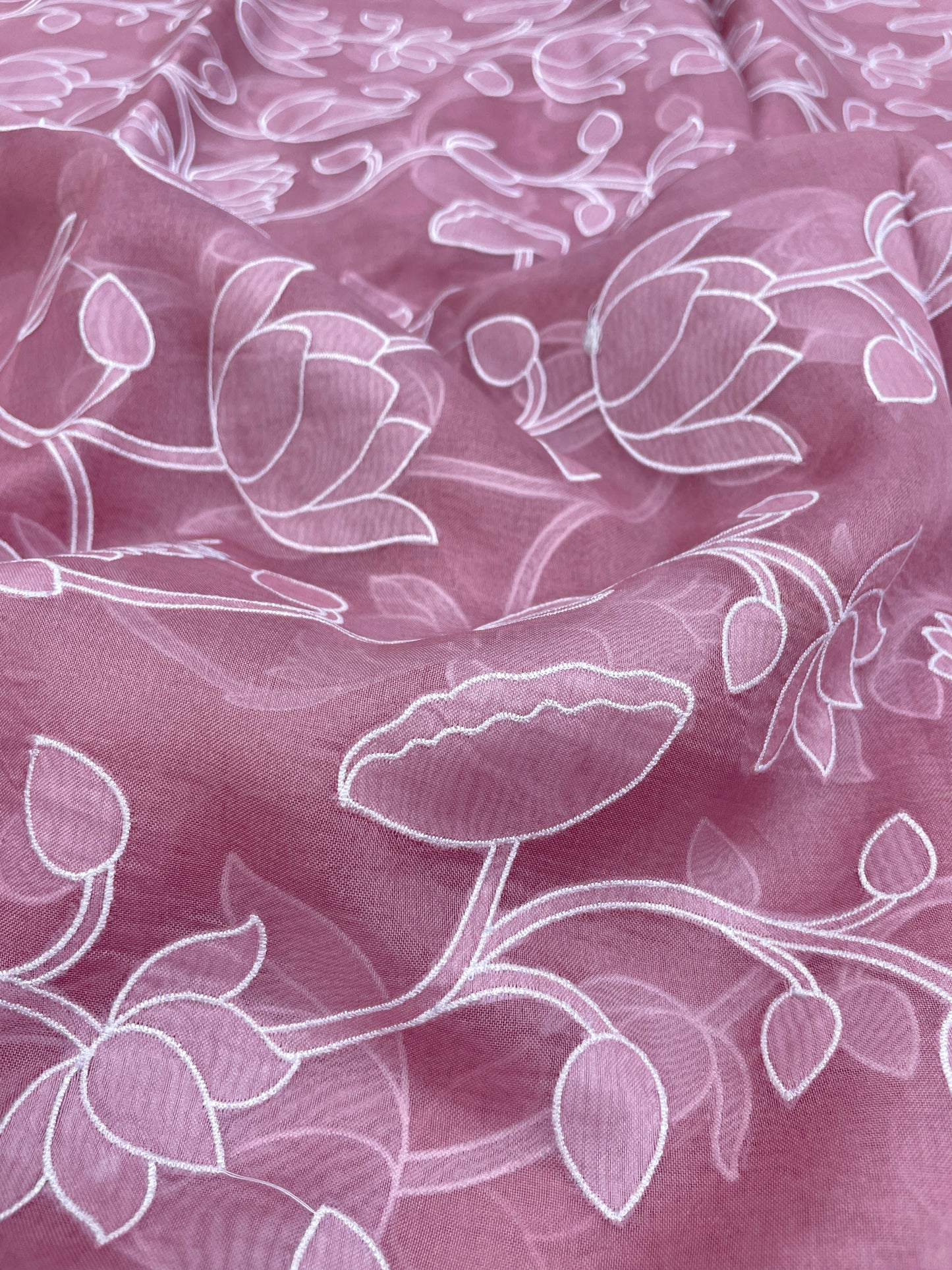 Pretty Classic Floral White Thread Embroidery With Patchwork On Pure Silk Organza Fabric