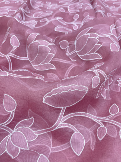 Pretty Classic Floral White Thread Embroidery With Patchwork On Pure Silk Organza Fabric